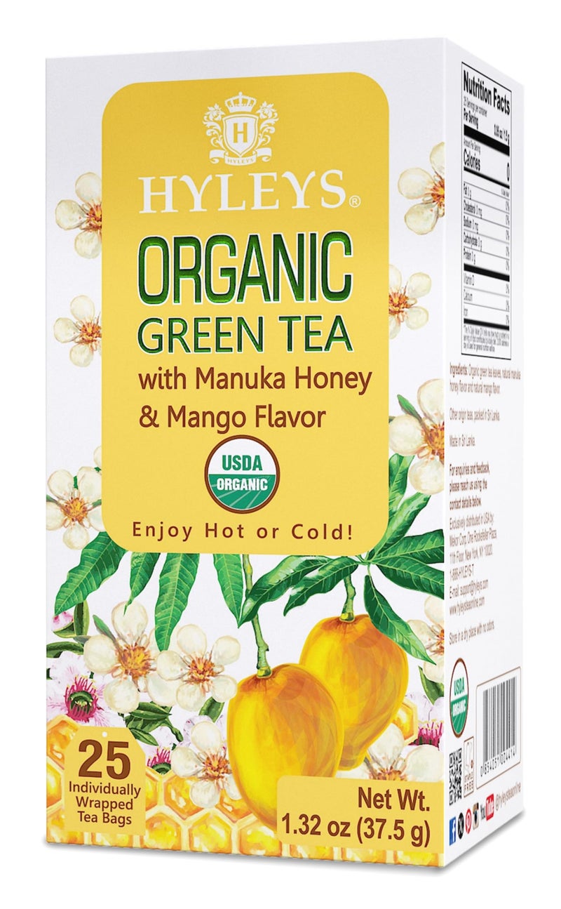 Hyleys Organic Green Tea Manuka Honey and Mango Flavor - 25 Tea Bags - Image 1